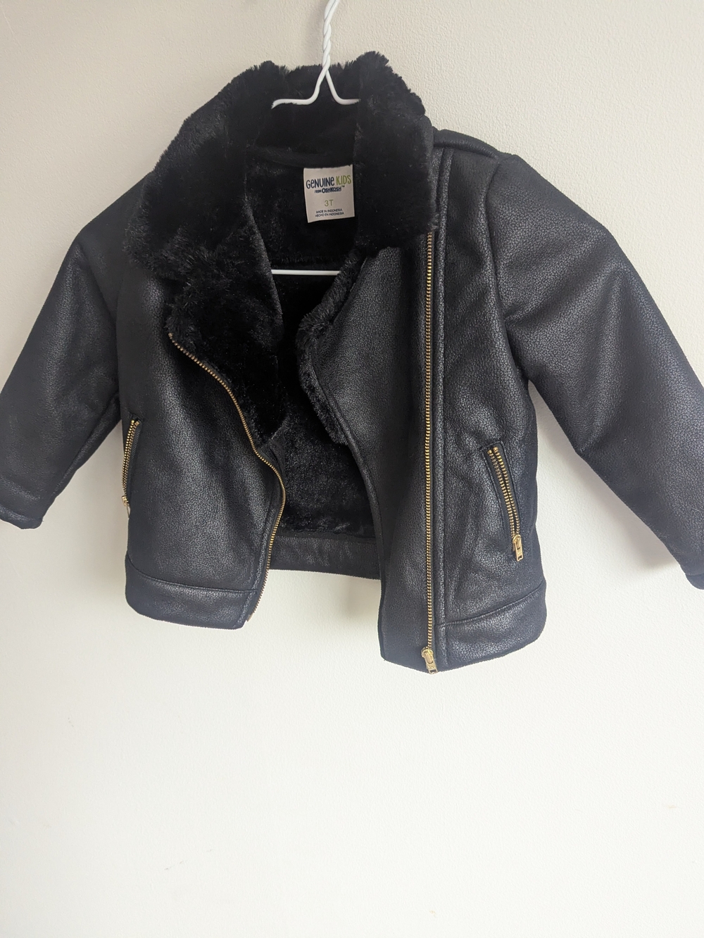 Genuine Kids OshKosh 3T Black Faux Leather Moto Jacket Fleece Lined Toddler
